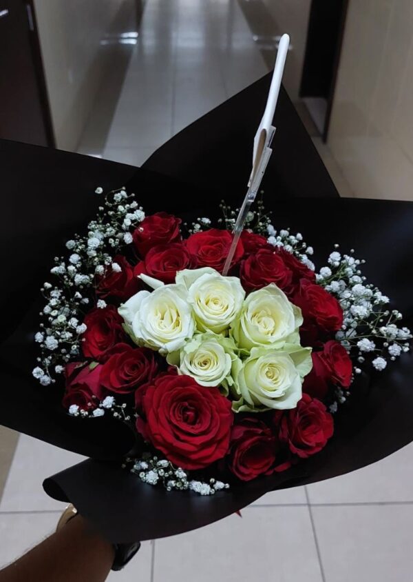 Standing love red & white roses bouquet