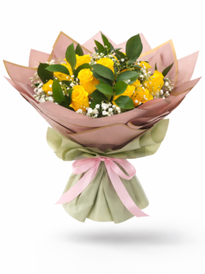 Yellow roses bouquet with fresh yellow roses, baby’s breath flowers and elegant wrapping, perfect for gifting in UAE