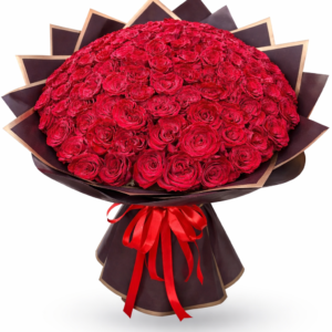 101 red roses bouquet wrapped in black wrapping with golden edge