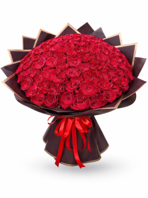 101 red roses bouquet wrapped in black wrapping with golden edge