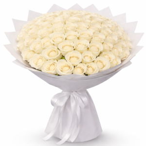 101 white roses bouquet arranged in a luxury hand-tied floral design with elegant white wrapping