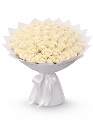 101 white roses bouquet arranged in a luxury hand-tied floral design with elegant white wrapping