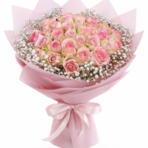 Charming pink rose bouquet with baby’s breath, wrapped in pastel pink paper.