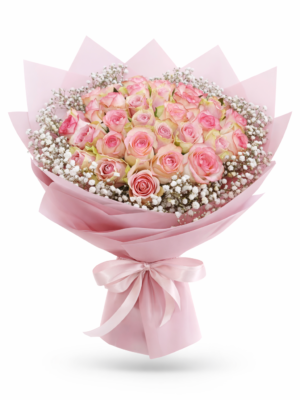 Charming pink rose bouquet with baby’s breath, wrapped in pastel pink paper.