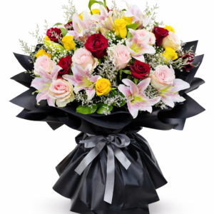 Luxury mixed floral bouquet featuring roses, lilies, and seasonal flowers arranged in elegant black wrapping