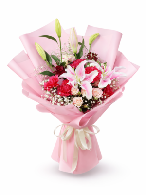 Elegant birthday bouquet with pink lilies, roses, carnations and baby’s breath in soft pink wrapping