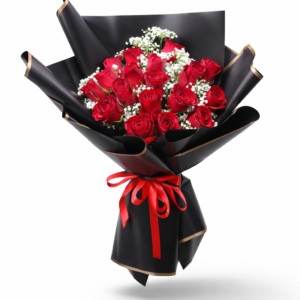 Fresh red roses bouquet with white chrysanthemums, luxury hand-tied flower arrangement for gifting in Dubai