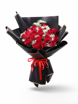 Fresh red roses bouquet with white chrysanthemums, luxury hand-tied flower arrangement for gifting in Dubai