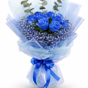 10 blue roses bouquet with baby’s breath and elegant blue wrapping