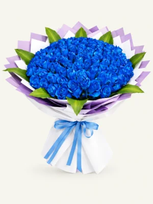 101 Blue roses bouquet with white and lavender wrapping and blue satin ribbon