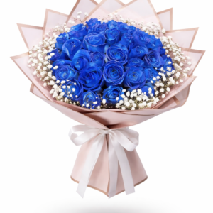 30pcs blue rose bouquet arranged with fresh premium blue roses and baby’s breath, luxury wrapping, perfect for romantic and special occasions