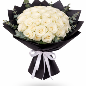50pcs white rose bouquet arranged with fresh premium white roses, elegant luxury wrapping, perfect for weddings, anniversaries and special occasions