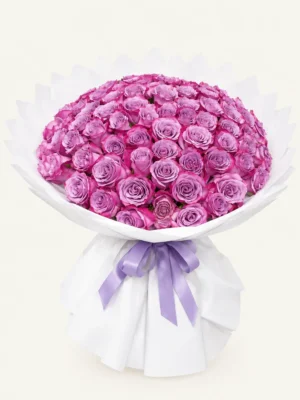 Luxury purple rose bouquet with 101 premium lavender roses wrapped in elegant white paper