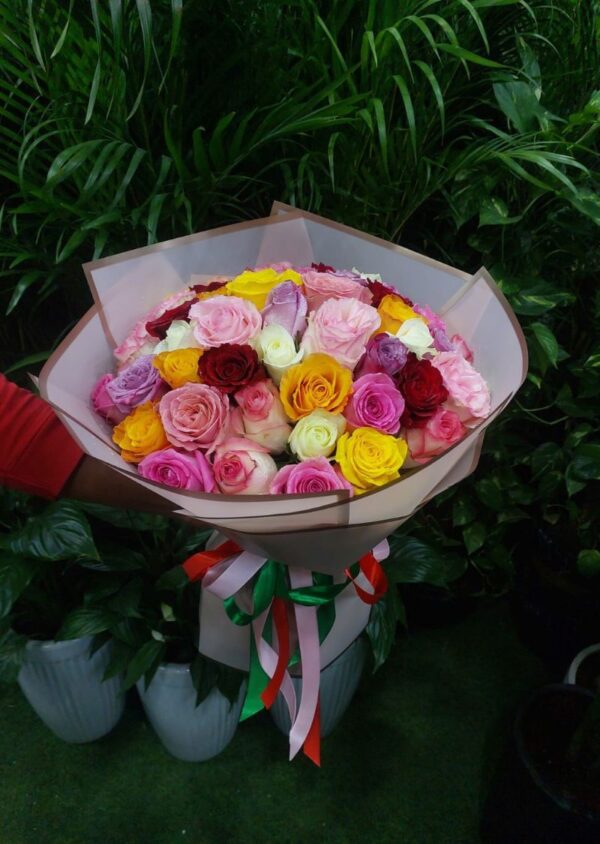 51pcs multicolour roses bouquet elegantly wrapped, perfect for weddings, anniversaries, and flower delivery in Dubai.