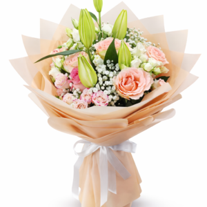 Elegant pink and white rose lily bouquet perfect for weddings, anniversaries, and special occasions