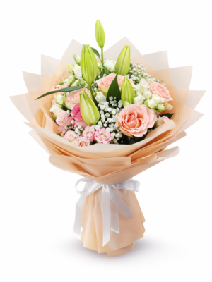 Elegant pink and white rose lily bouquet perfect for weddings, anniversaries, and special occasions