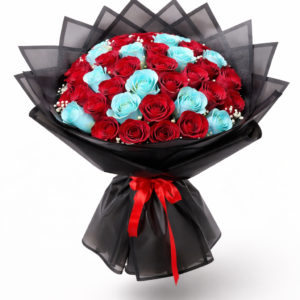 Red and Blue Roses Bouquet made with fresh red roses and royal blue roses, perfect for Valentine’s Day and romantic gifting