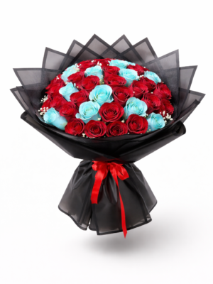 Red and Blue Roses Bouquet made with fresh red roses and royal blue roses, perfect for Valentineβs Day and romantic gifting