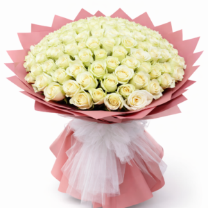 Elegant 101 White Roses Bouquet wrapped in pink paper with a tulle ribbon – Perfect gift for weddings and special occasions in Dubai.