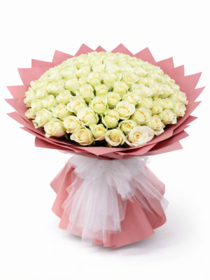 Elegant 101 White Roses Bouquet wrapped in pink paper with a tulle ribbon – Perfect gift for weddings and special occasions in Dubai.
