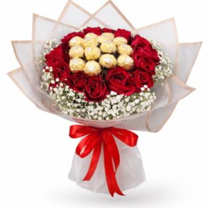 Red roses and Ferrero Rocher bouquet arranged in a luxury hand-tied floral design