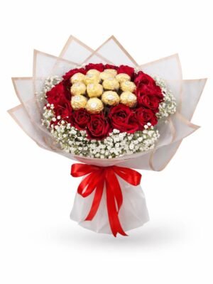 Red roses and Ferrero Rocher bouquet arranged in a luxury hand-tied floral design