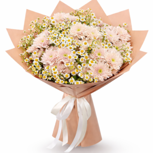 Premium daisy flower bouquet with soft pink chrysanthemums and white daisies in elegant pastel wrapping
