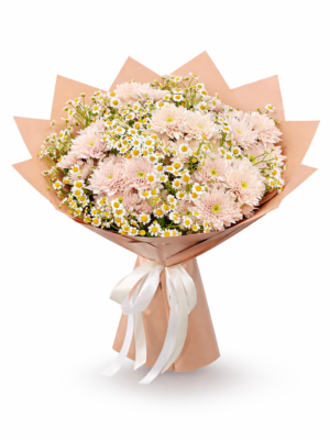 Premium daisy flower bouquet with soft pink chrysanthemums and white daisies in elegant pastel wrapping