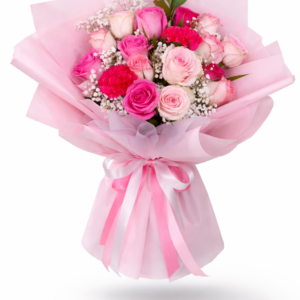 Pink roses bouquet with fresh baby’s breath and premium wrapping, elegant floral arrangement
