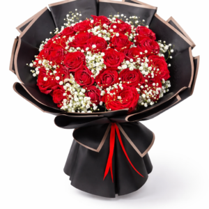 Luxurious red roses bouquet and white baby's breath wrapped in stylish black paper with a red ribbon