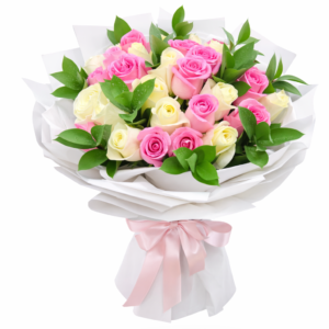 Pink and white rose bouquet with fresh roses arranged in a luxurious hand-tied floral design