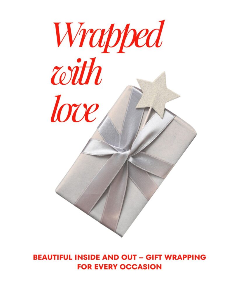 Luxury floral gift wrapping with red ribbon on white box – best gift wrapping Sharjah by Green Plant Flowers