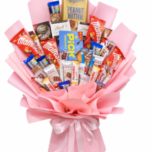 Customize chocolate bouquet featuring assorted chocolates arranged in pink wrapping.
