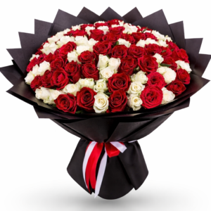 101 red and white roses bouquet in luxury black wrapping with satin ribbon