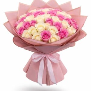 51 roses bouquet with pink and white roses wrapped in elegant pink paper