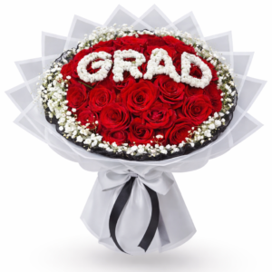 Luxury graduation flowers delivery sharjah with red roses and white baby’s breath spelling GRAD