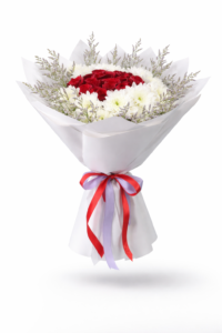 Love in Bloom Red Rose bouquet with red roses and white chrysanthemums.