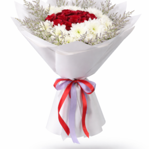 Love in Bloom Red Rose bouquet with red roses and white chrysanthemums.