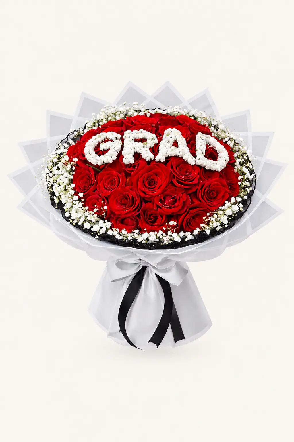 Luxury graduation bouquet with red roses and GRAD lettering in baby's breath, Dubai & Sharjah delivery