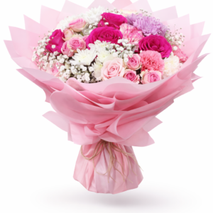 Luxury mixed pink flower bouquet with roses, chrysanthemums, carnations and baby’s breath wrapped in pink paper