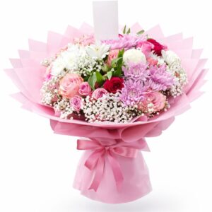 Luxury mixed flower bouquet with pink roses, chrysanthemums, and baby’s breath wrapped in elegant pink paper