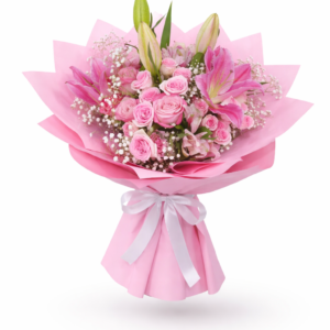 Pink flower bouquet with roses and lilies wrapped in elegant pink paper