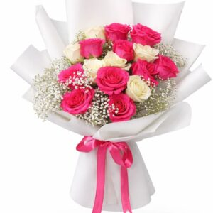 Elegant pink & white rose bouquet with baby’s breath, luxury flower arrangement for delivery in Dubai