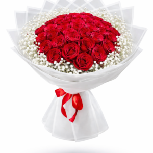 Luxury red roses bouquet with white baby’s breath arranged for premium flower delivery in Dubai