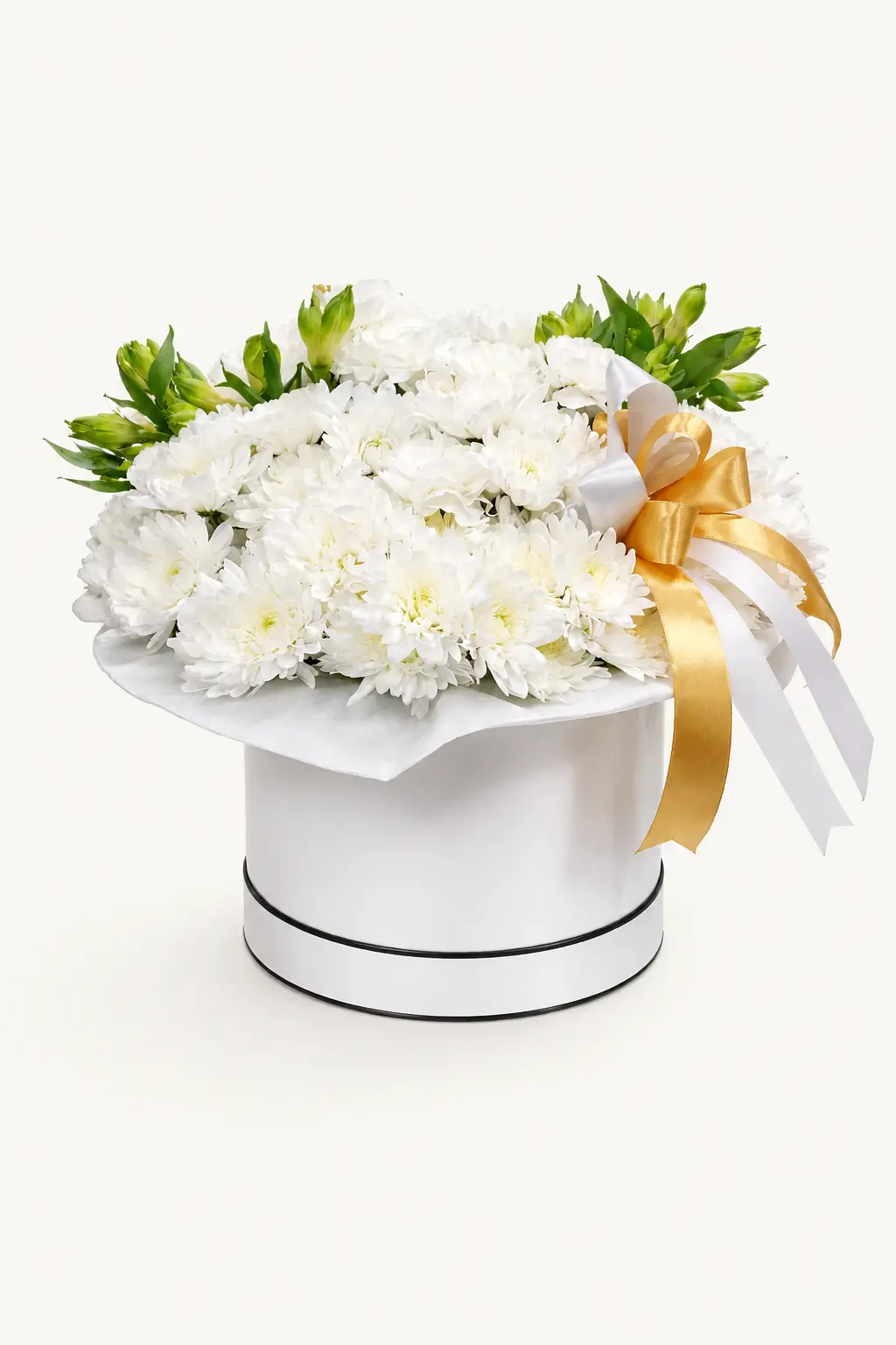 White chrysanthemum flower box arranged in a luxury round hat box with satin ribbon