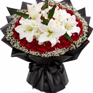 white lily and red roses bouquet luxury floral arrangement with premium black wrapping