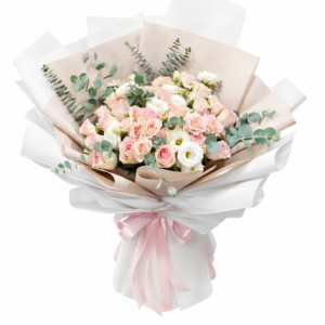 Luxury pink & white rose bouquet with elegant wrapping in Dubai