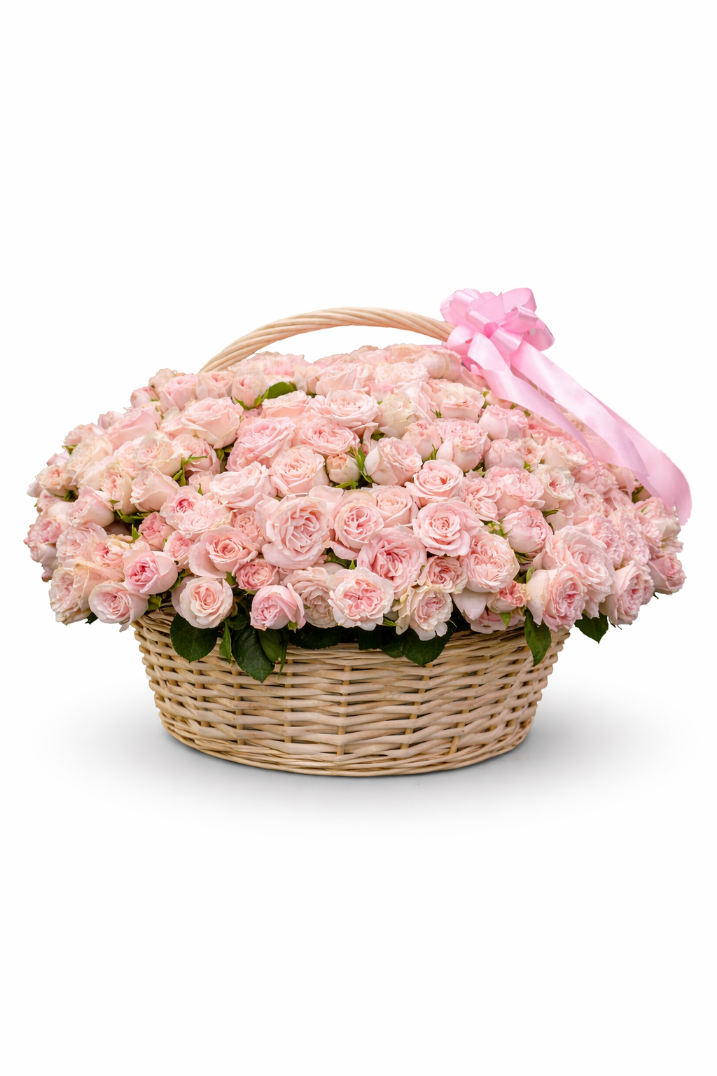 Pink baby rose basket made with fresh premium baby roses arranged in an elegant gift basket