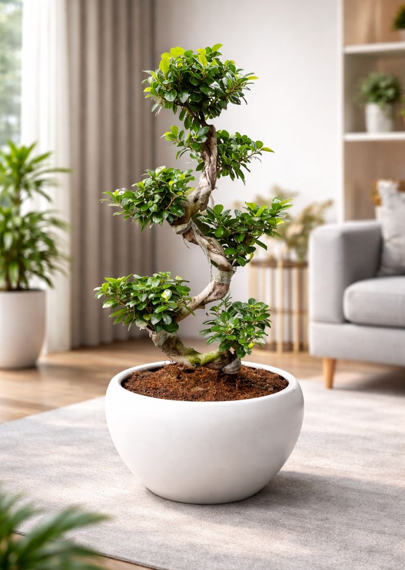 twisted bonsai plant in white ceramic pot for modern indoor decor.
