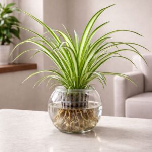 Indoor water spider plant in clear glass bowl hydroponic planter on table